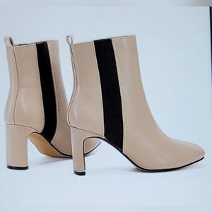 NIB PULL ON KHAKI CHELSEA BLOCK HEEL SOCK BOOTIE SIZE 7.5 ANKLE FAUX LEA…